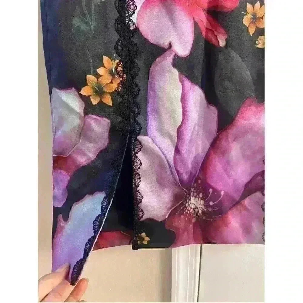 Marchessa notte black satin lace detail floral‎ print skirt Sz 4 - Picture 3 of 8